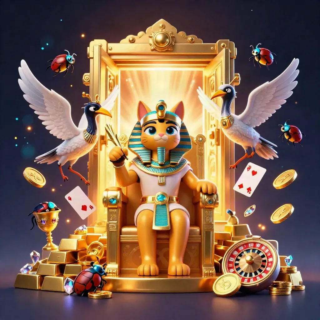 Pharaoh cat throne scene with ibis scribe, gem-wing scarabs, vault, gold, and casino treasures