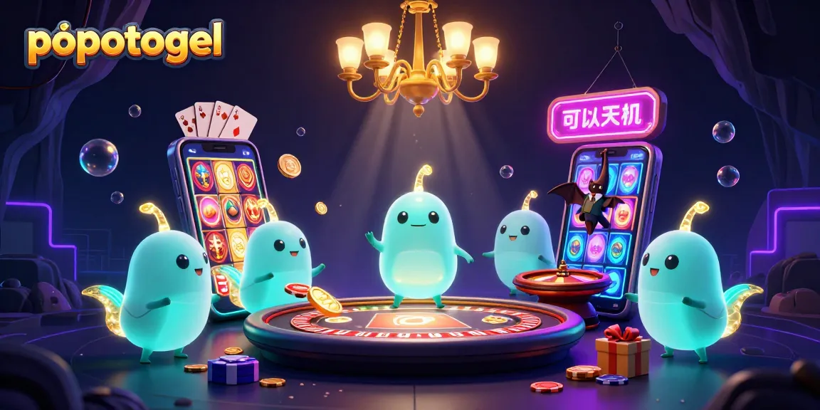 Spin the reels with popotogel in this vivid 3D casino scene featuring dynamic game elements and glowing characters.