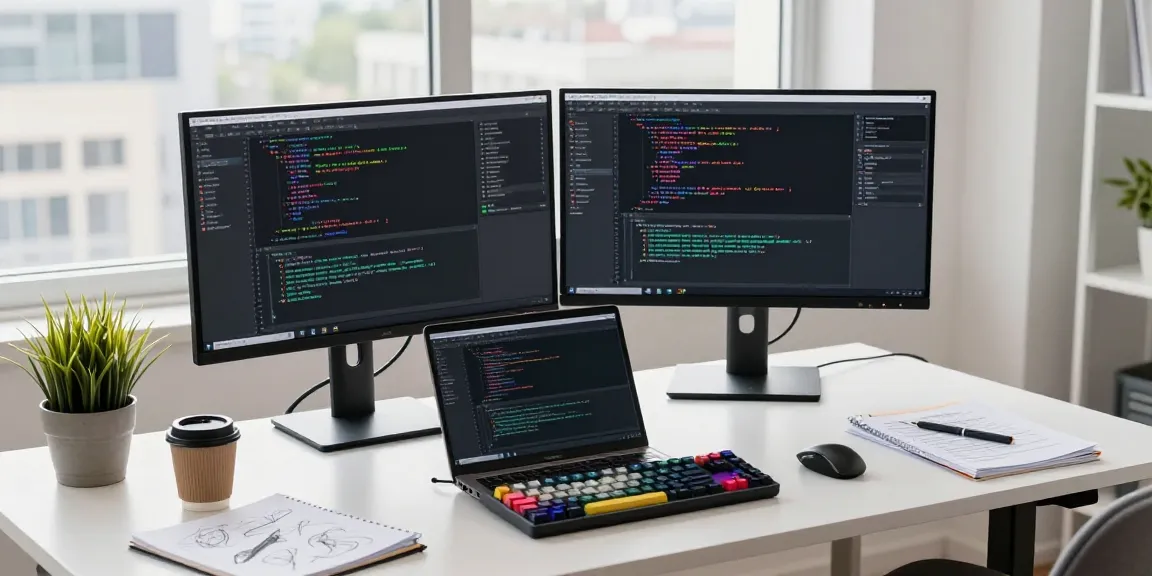 Focused developer coding while using telegram中文版下载 in a bright tech workspace.