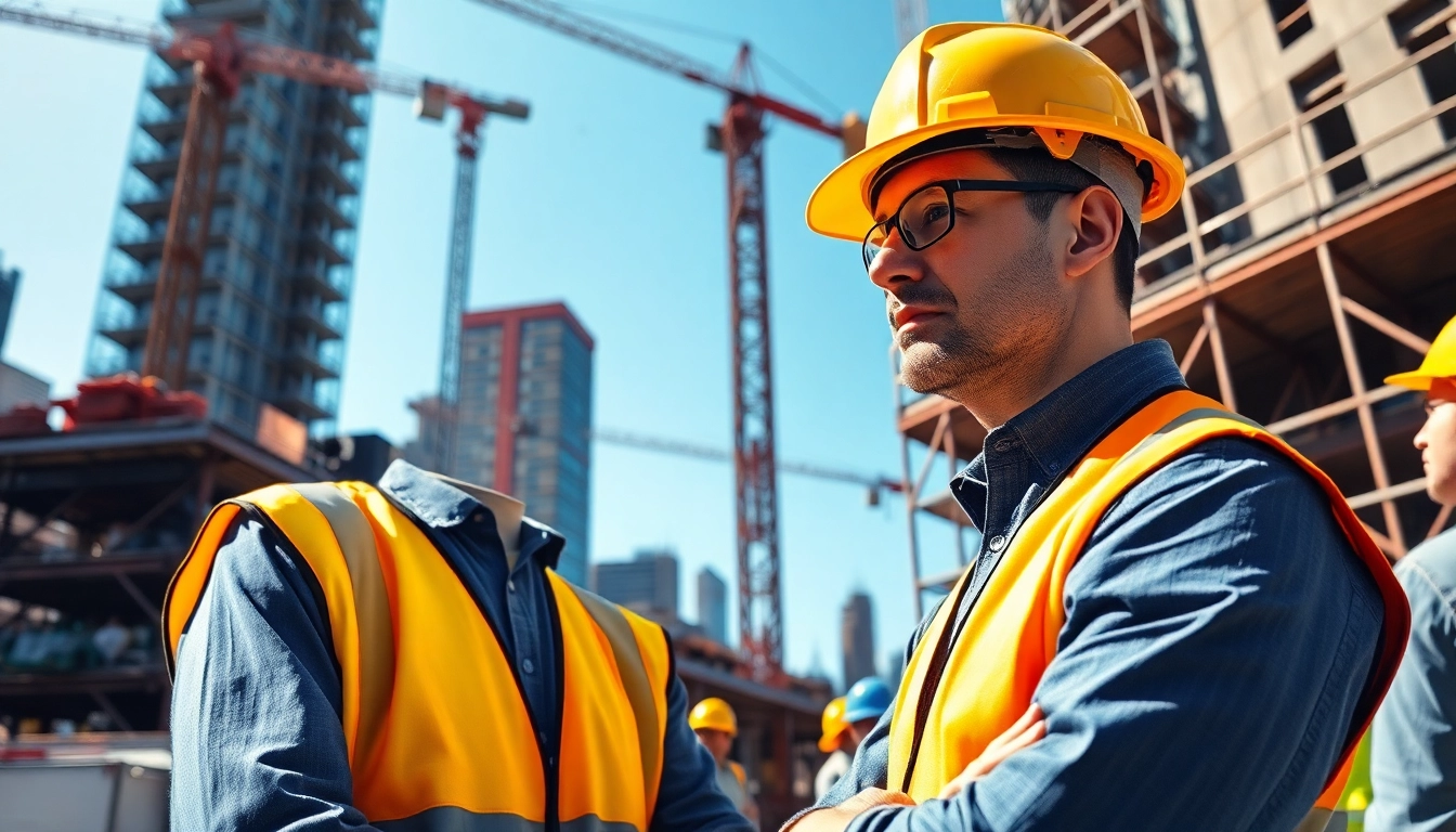 Manhattan Construction Manager directing a construction site team with focus and expertise.
