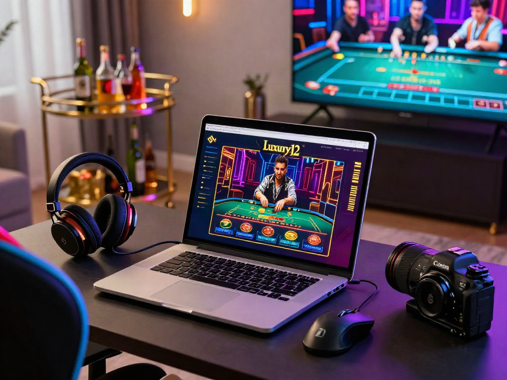 Menampilkan pengalaman bermain di Luxury12 dengan perangkat lunak kasino online mewah di ruang tamu modern.