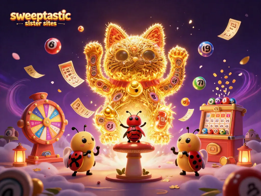 Sweeptastic sister sites showcase a lively scene with a lucky cat and colorful casino elements.