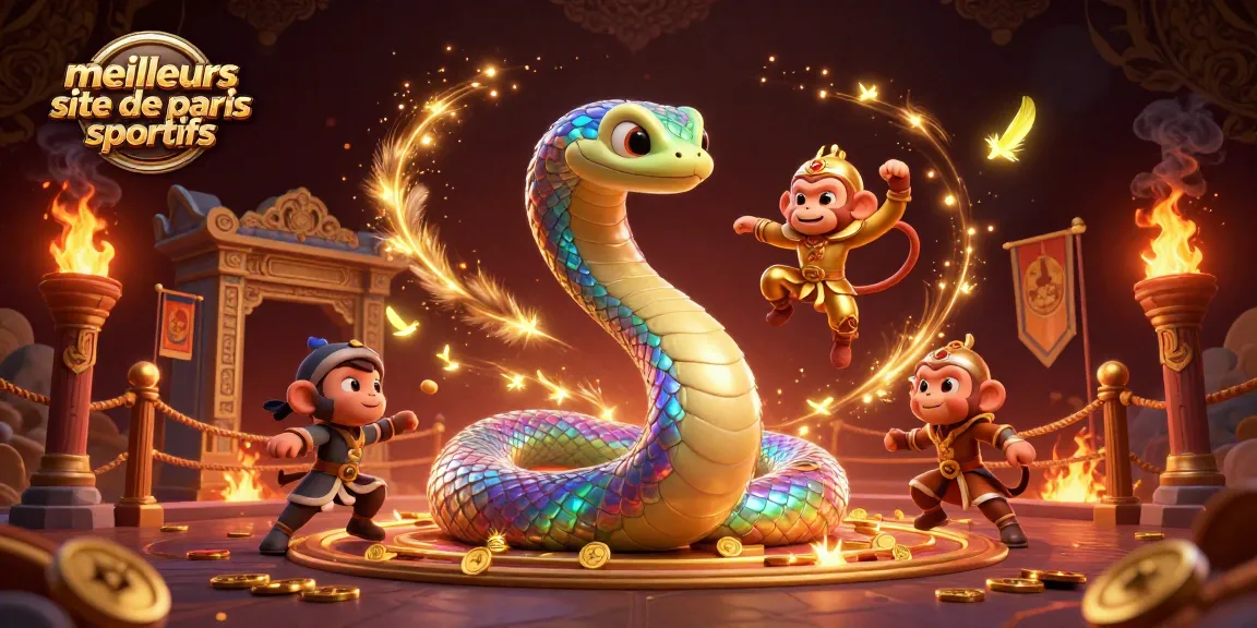 Les meilleurs sites de paris sportifs présentent un serpent arc-en-ciel et un roi singe animés dans une illustration captivante.