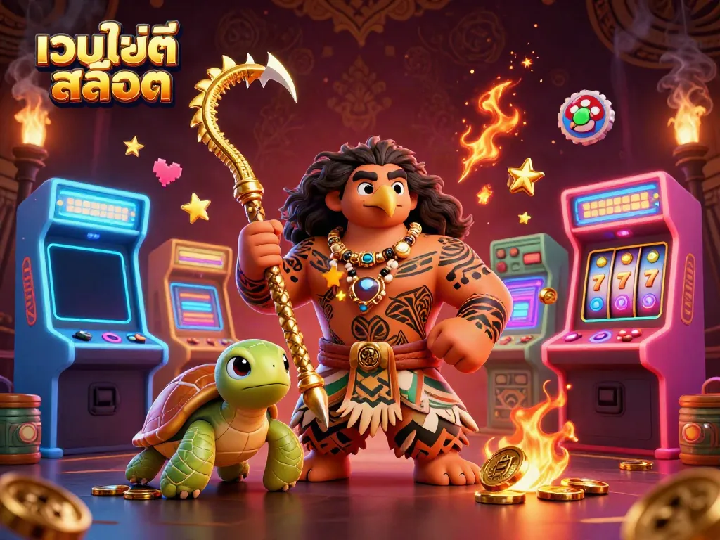 ภาพการ์ตูน 3D แสดงถึงเว็บไซต์สล็อต พร้อมสัตว์นำโชคและองค์ประกอบคาสิโน