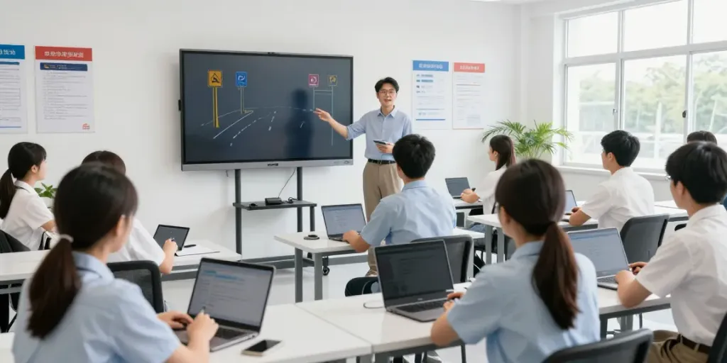 Students learning at a scoala auto driving school, engaged in theory lessons with instructor.