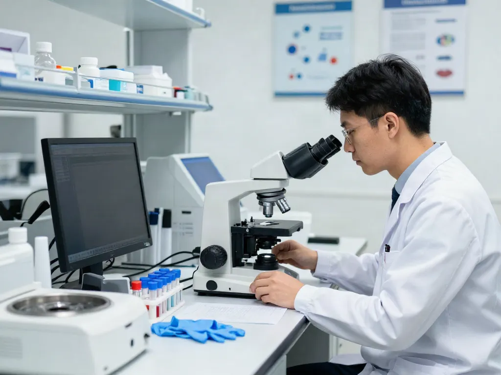 Laboratorio de análisis clínicos donde un técnico examina muestras de sangre para pruebas diagnósticas.