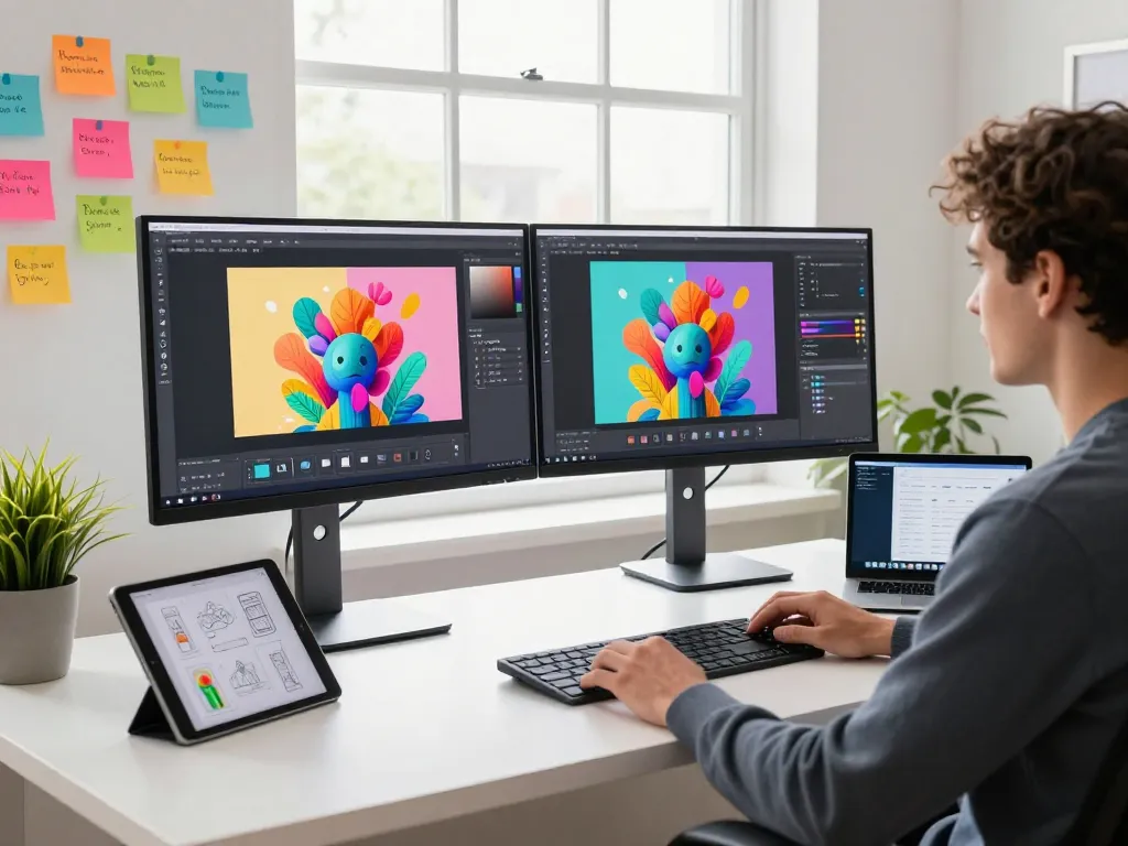 Designer working with nano banana pro AI image editor at a vibrant digital workspace.