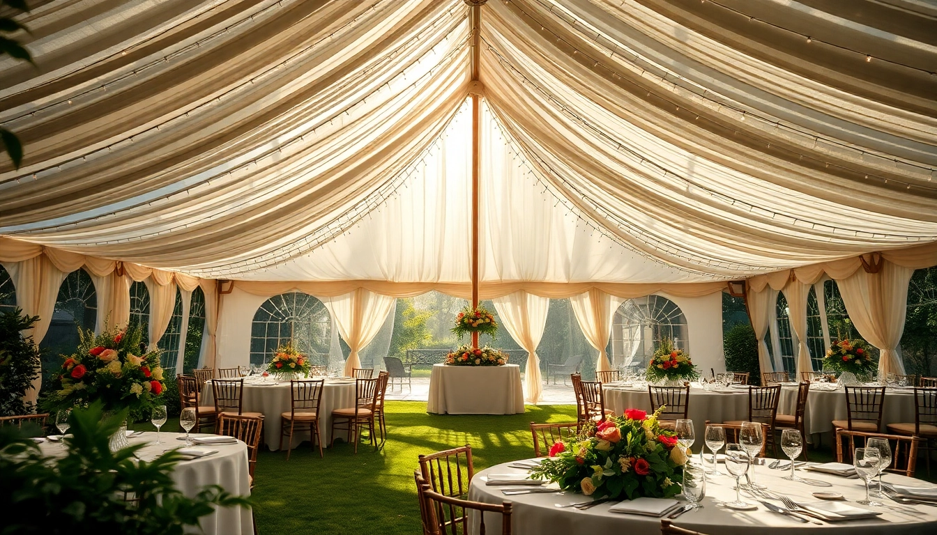 Showcasing beautiful Party Tent Rentals set up for a serene outdoor event with floral decorations.