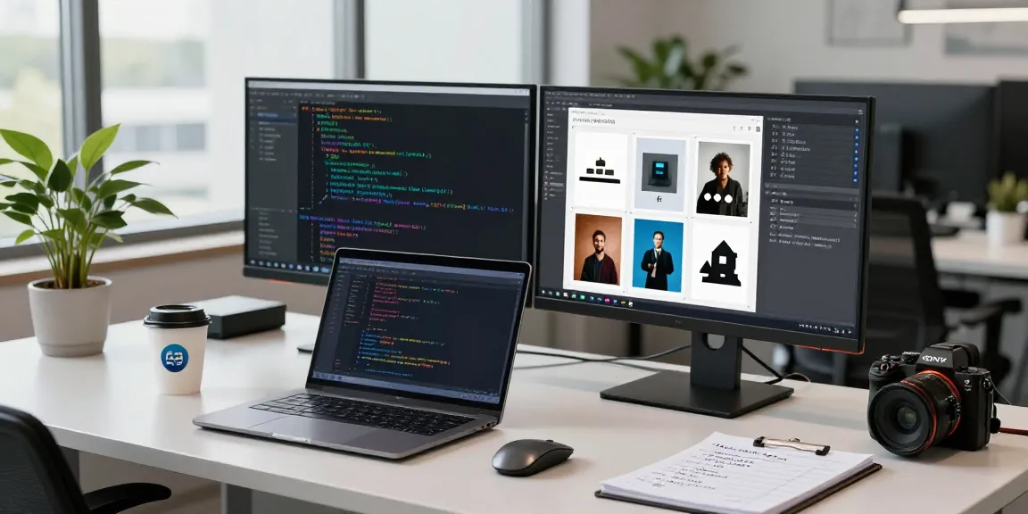 AI detector analysis in a tech workspace showing algorithms, monitors, and image uploads.