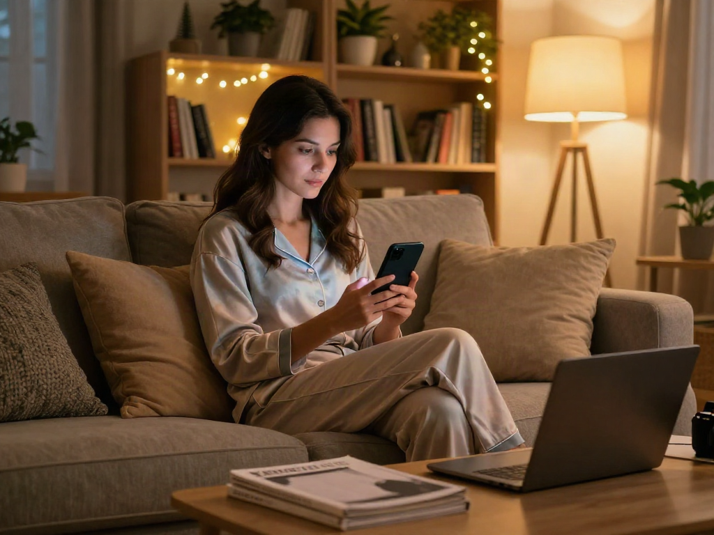 Cozy evening scene of a woman enjoying social media related to sophie rain xxx on her smartphone.