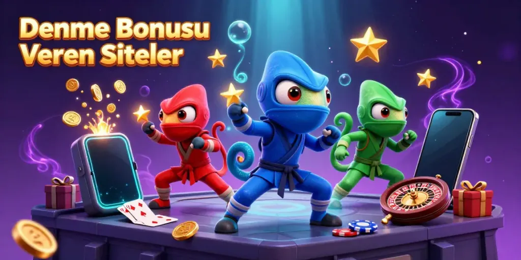 Engage with Deneme Bonusu Veren Siteler through a vibrant scene of chameleon ninjas and casino elements.