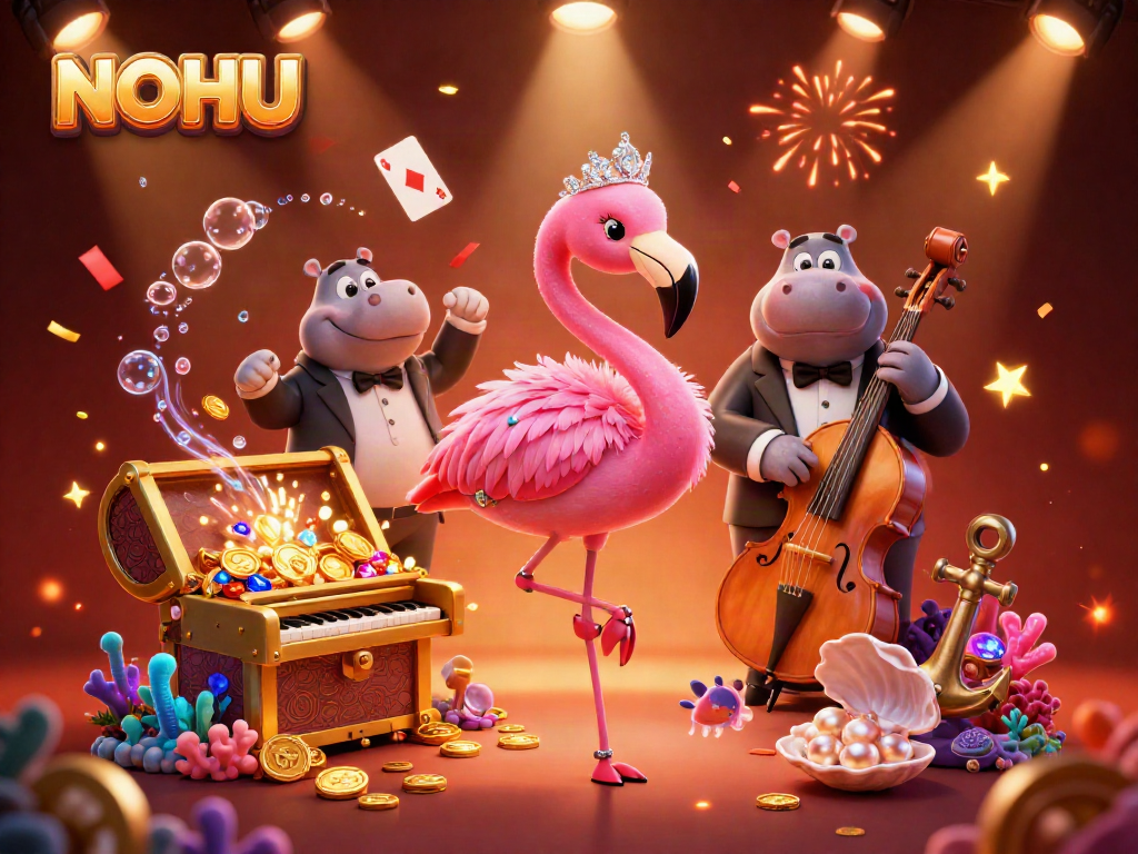 Experience the vibrant NOHU casino atmosphere with a flamingo singer and hippo bassist amidst treasure and gambling elements.
