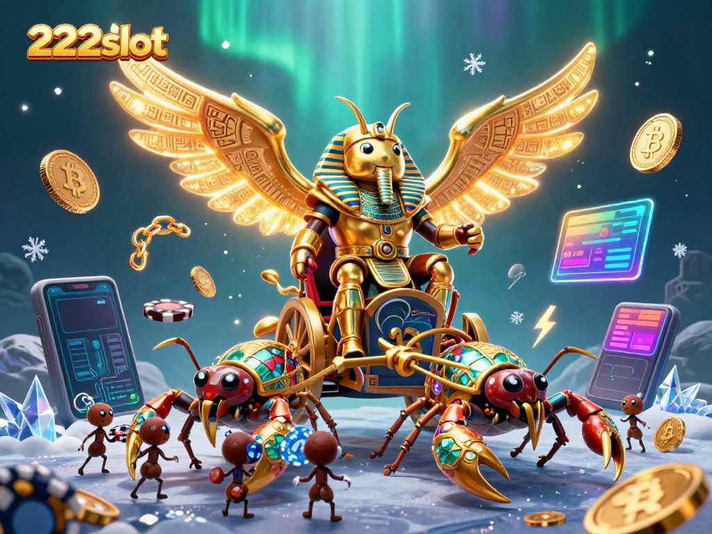 Permainan di 222slot dengan karakter menarik, koin emas dan grafik blockchain yang dinamis.