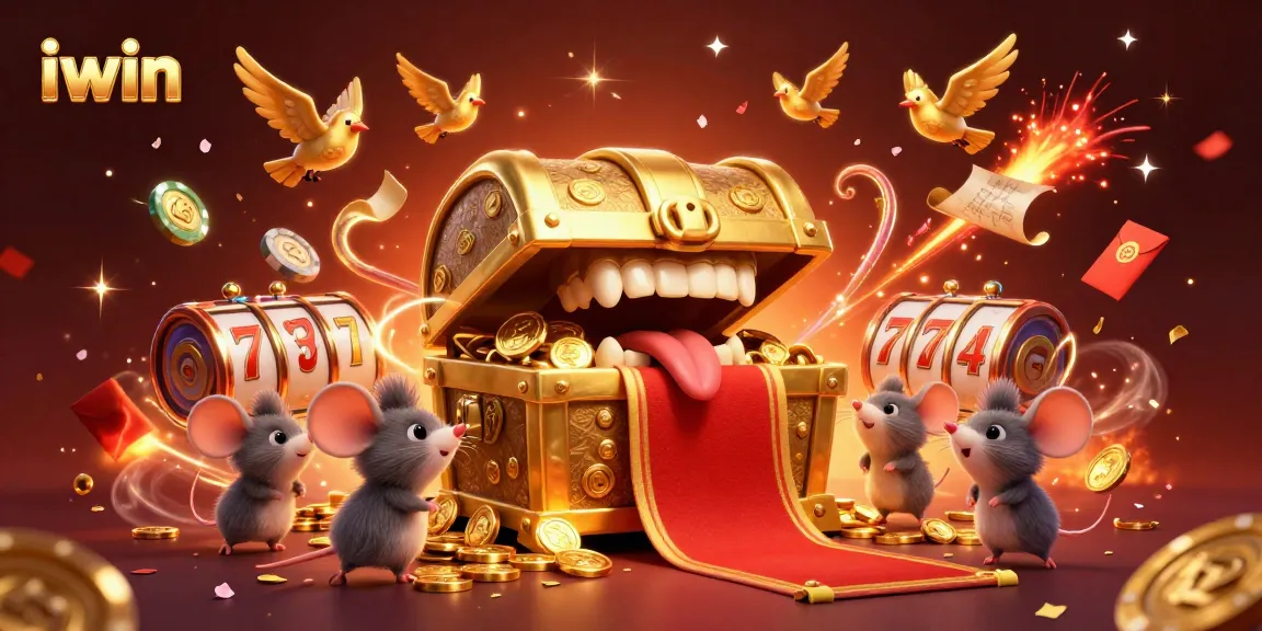 Experience the excitement of iwin with animated casino elements including spinning slot reels and vibrant confetti fireworks.