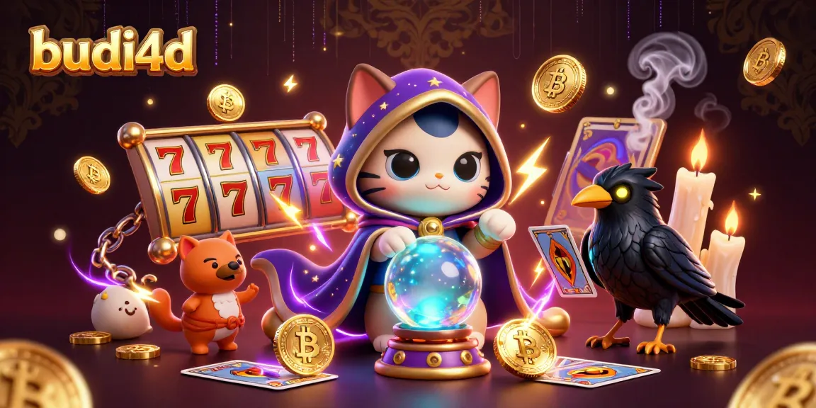 Budi4d engages players with vibrant 3D slot scene featuring mystic fortune teller cat and tarot raven.