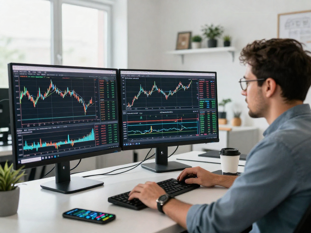使用TradingView进行市场分析的交易员在现代办公环境中专注于多屏幕图表展示。