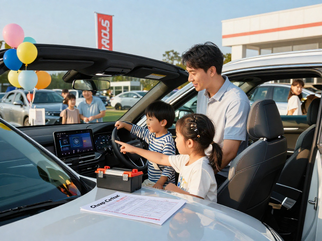 Family evaluating a pre-owned car with a Cheap Carfax report for informed buying.