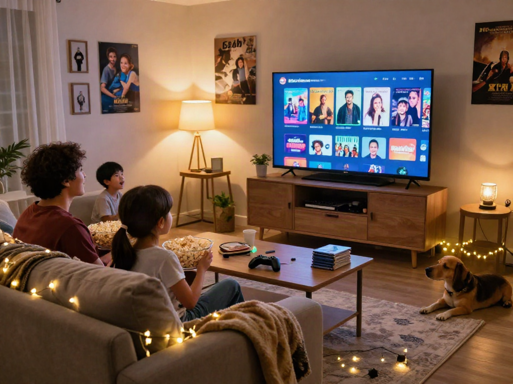 Family enjoying a movie night using Moviebox app in cozy living room.