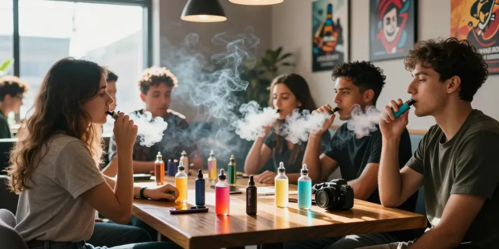 Friends sharing their favorite salt nic vapes in a vibrant lounge atmosphere.