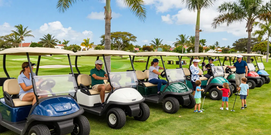 Family inspecting used golf cart for sale by owner on a sunny golf course