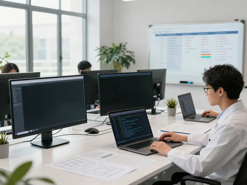 Data scientist utilizing a dataset search tool in a modern workspace filled with monitors, notes, and a digital whiteboard.