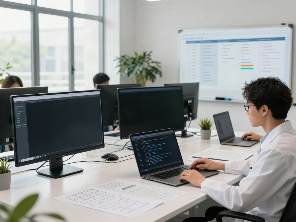 Data scientist utilizing a dataset search tool in a modern workspace filled with monitors, notes, and a digital whiteboard.