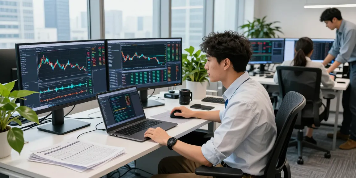 Trader utilizing MetaTrader 5 with multiple screens analyzing charts in a modern financial office.