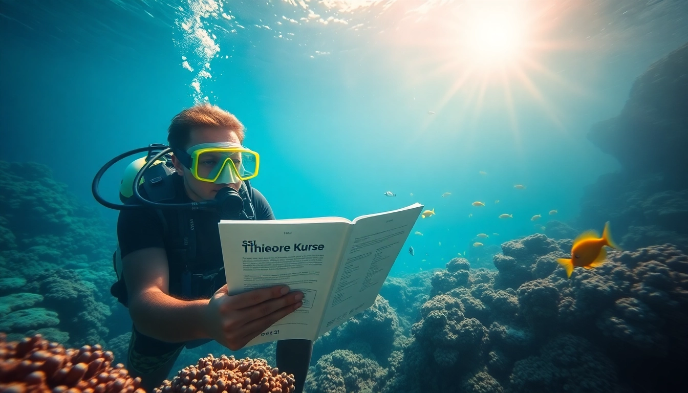 Diver immersed in SSI Theorie Kurse study materials surrounded by colorful marine life.