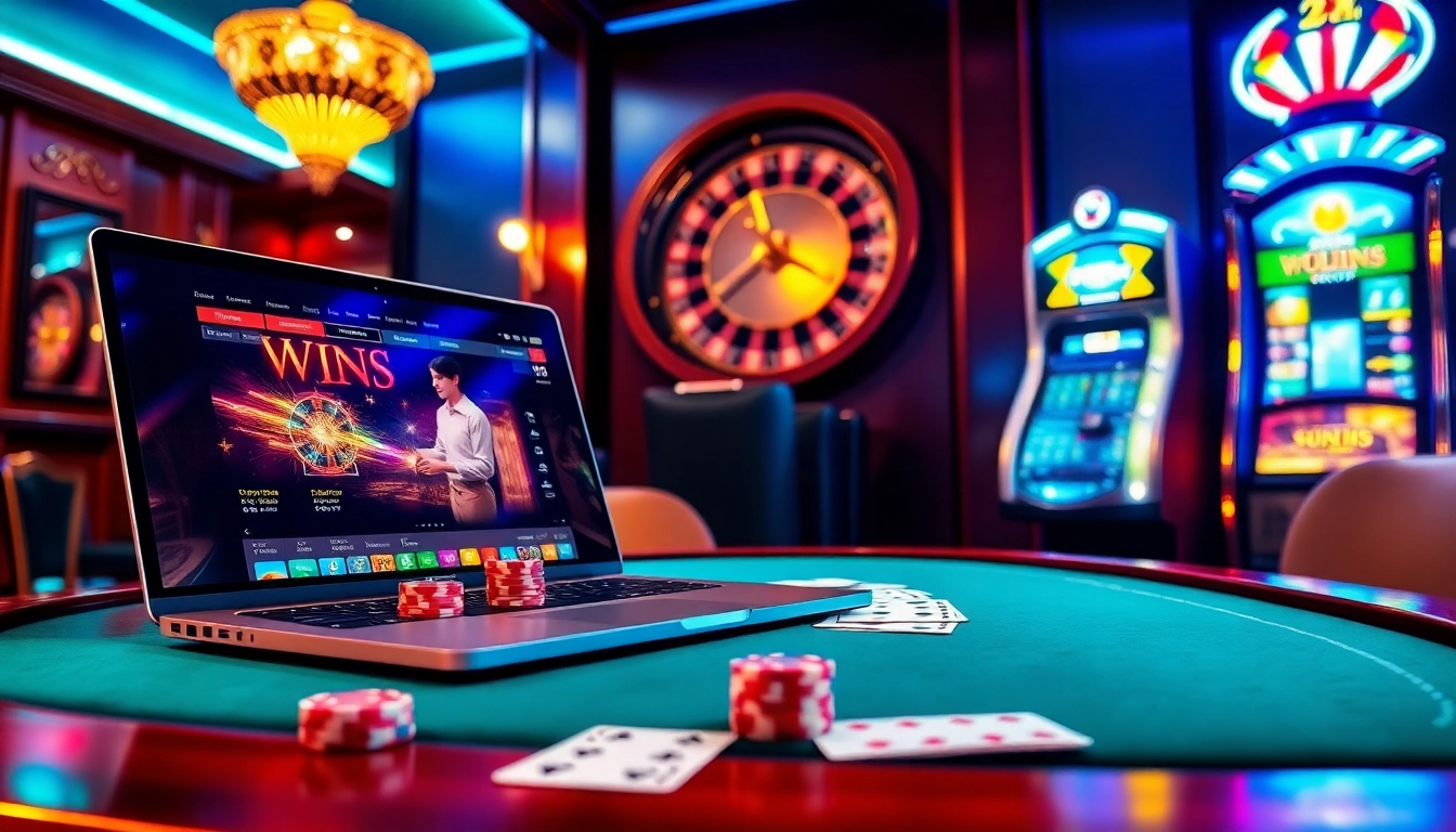 Une scène palpitante d'un site de casino en ligne mettant en vedette une table de poker, des machines à sous vibrantes et une roulette tournante.