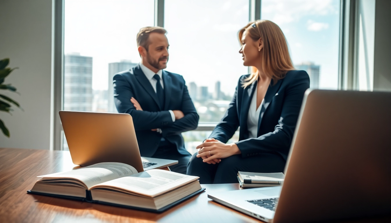 Clearwater truck accident attorney advising a client in a professional setting with law books.