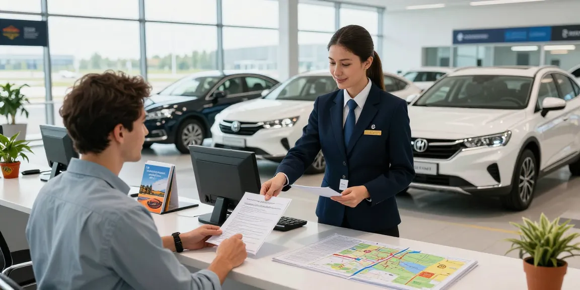 Rent a car chisinau airport service with professional agent assisting traveler at bright rental desk.