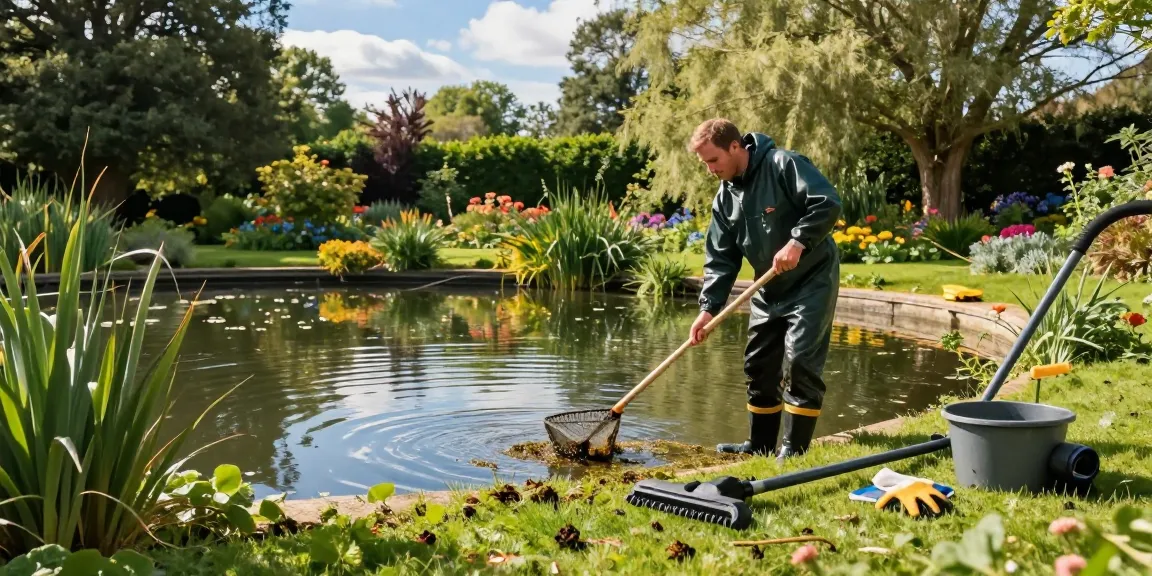 Pond Clean Sussex service showcasing a technician cleaning a vibrant pond surrounded by greenery and flowers.