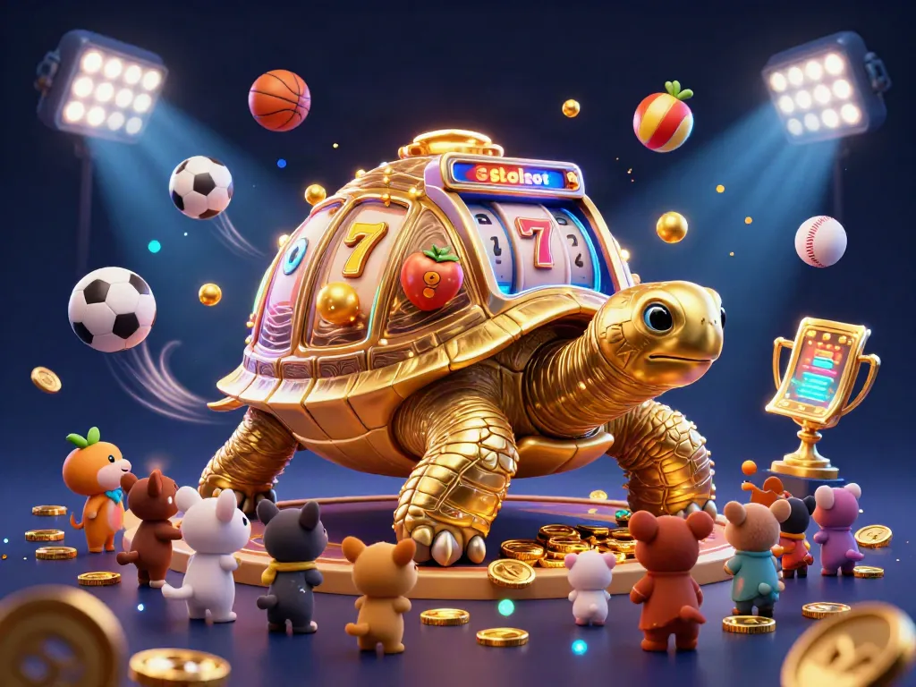 Experience vibrant slot machine action with a golden tortoise and animals eagerly playing in this dynamic casino scene.