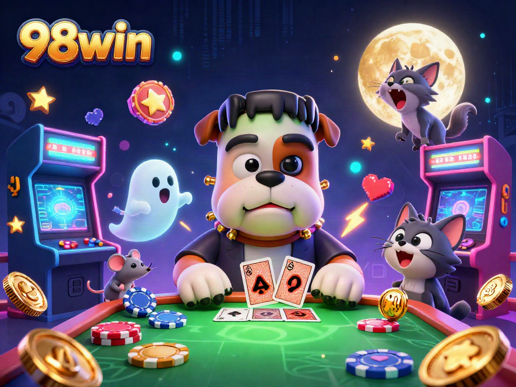 Join the fun at 98win with this thrilling casino scene featuring unique characters and vibrant slot elements.