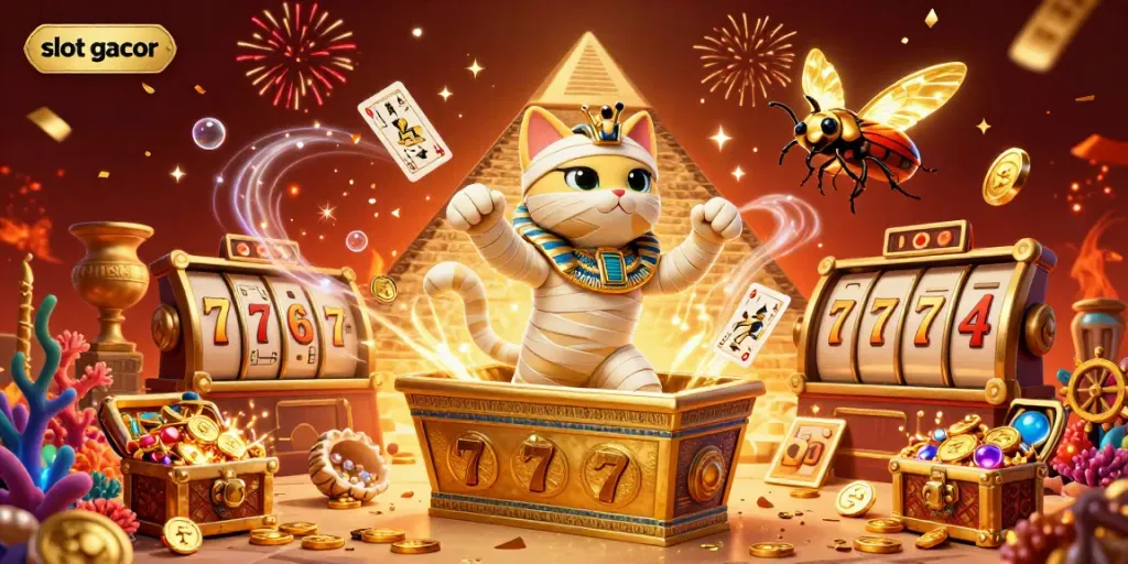 Engage with the excitement of slot gacor as the Egyptian mummy cat bursts from a sarcophagus amidst dynamic casino elements.