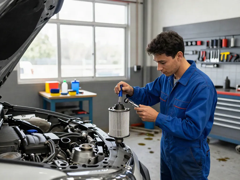 Mechaniker bei der DPF Reinigung in einer Werkstatt, sichtbare Details des DPF und Werkzeuge im Hintergrund.
