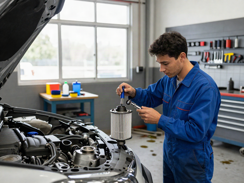 Mechaniker bei der DPF Reinigung in einer Werkstatt, sichtbare Details des DPF und Werkzeuge im Hintergrund.