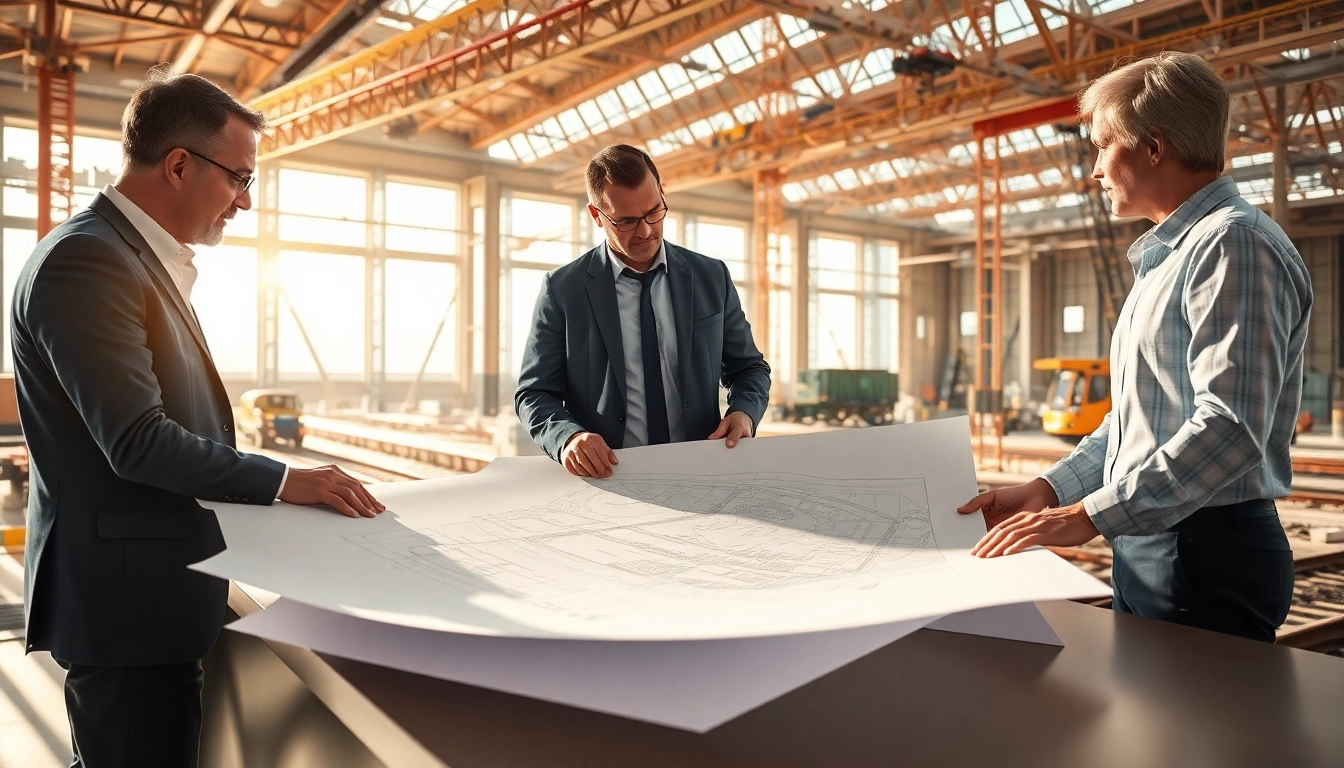 Railroad Design Consultants working on blueprints at a construction site.