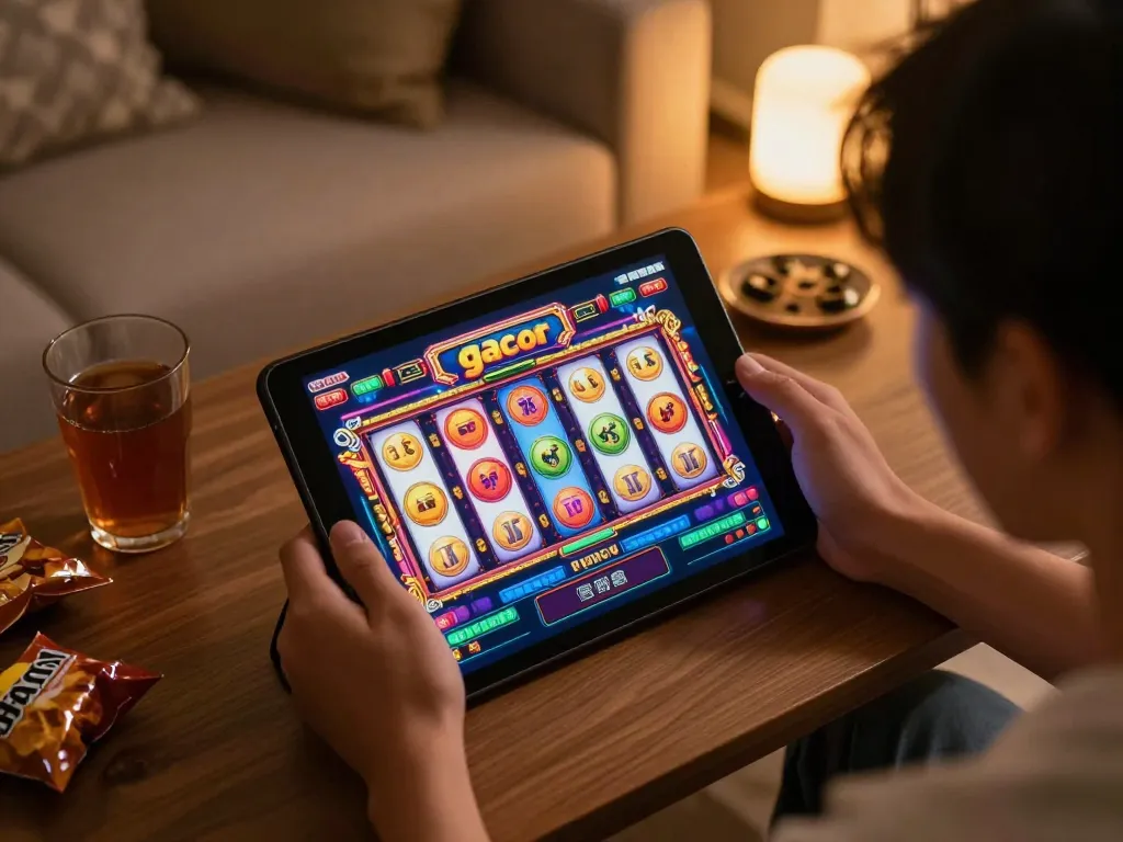 Menikmati sesi slot gacor yang mendebarkan di tablet dalam suasana rumah yang nyaman, menyoroti kegembiraan perjudian online.