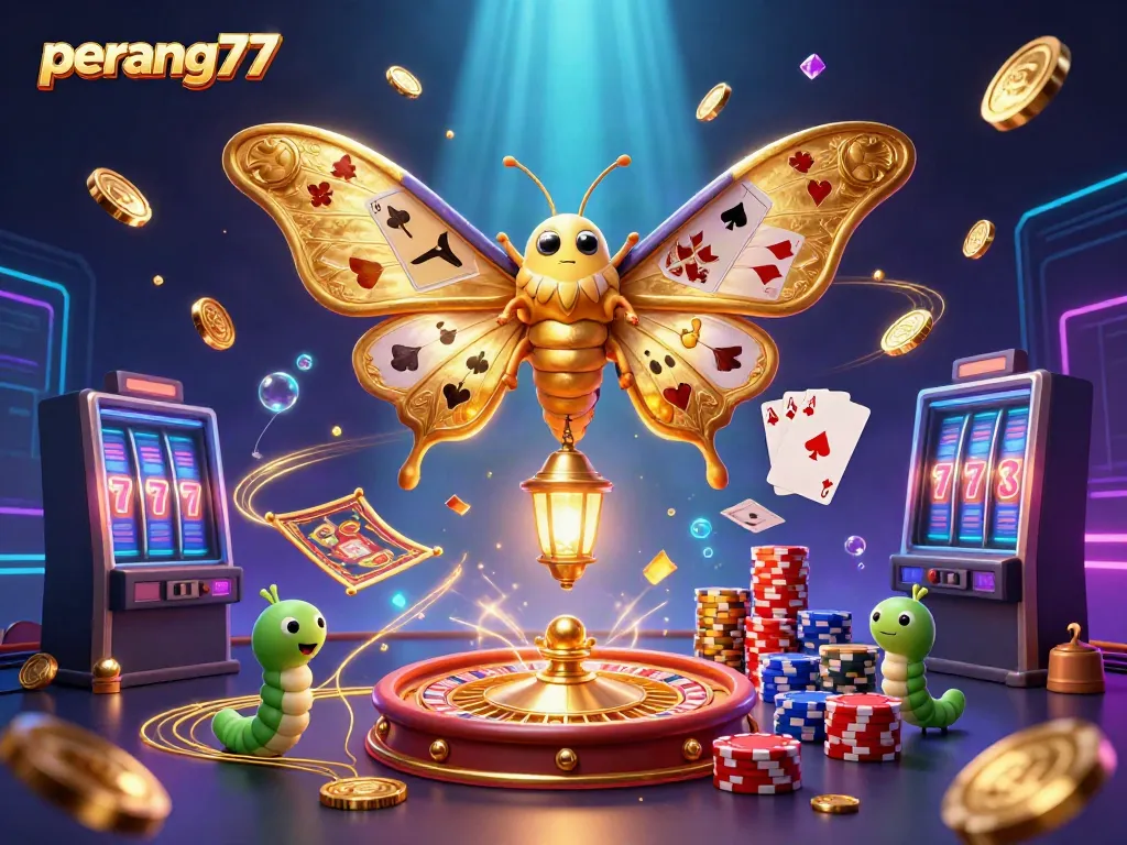 Merayakan keseruan permainan slot gacor malam ini di perang77 dengan ilustrasi 3D yang menampilkan kupu-kupu atlas dan elemen kasino menawan.