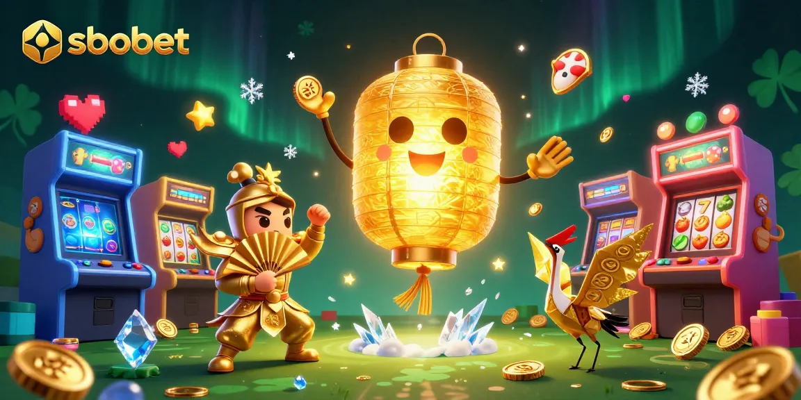 Experience sbobet's vibrant casino atmosphere featuring a golden lantern spirit, slot machines, and arcade fun in 3D.