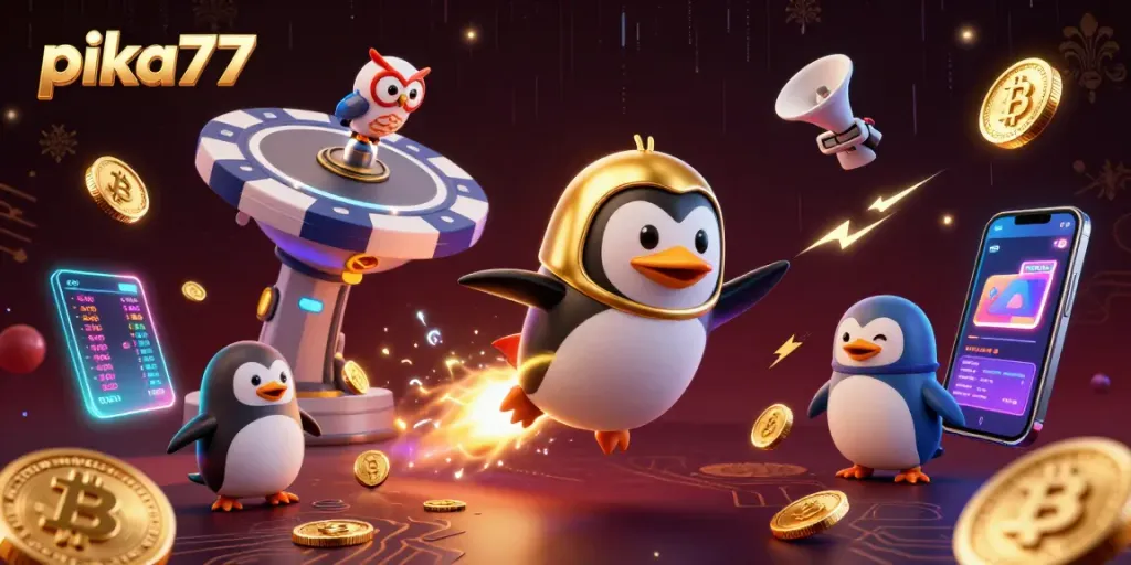 Pika77 offers a thrilling gambling journey with a rocket-powered penguin in a vibrant casino-themed 3D illustration.