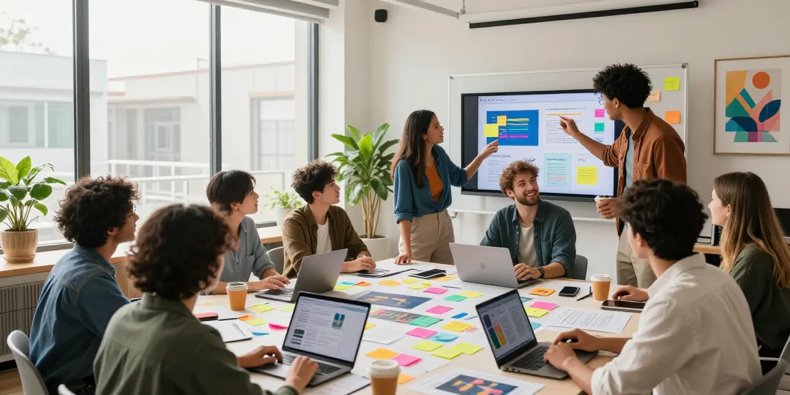 Diverse team collaborating around a mixboard in a modern office, brainstorming creative ideas together.
