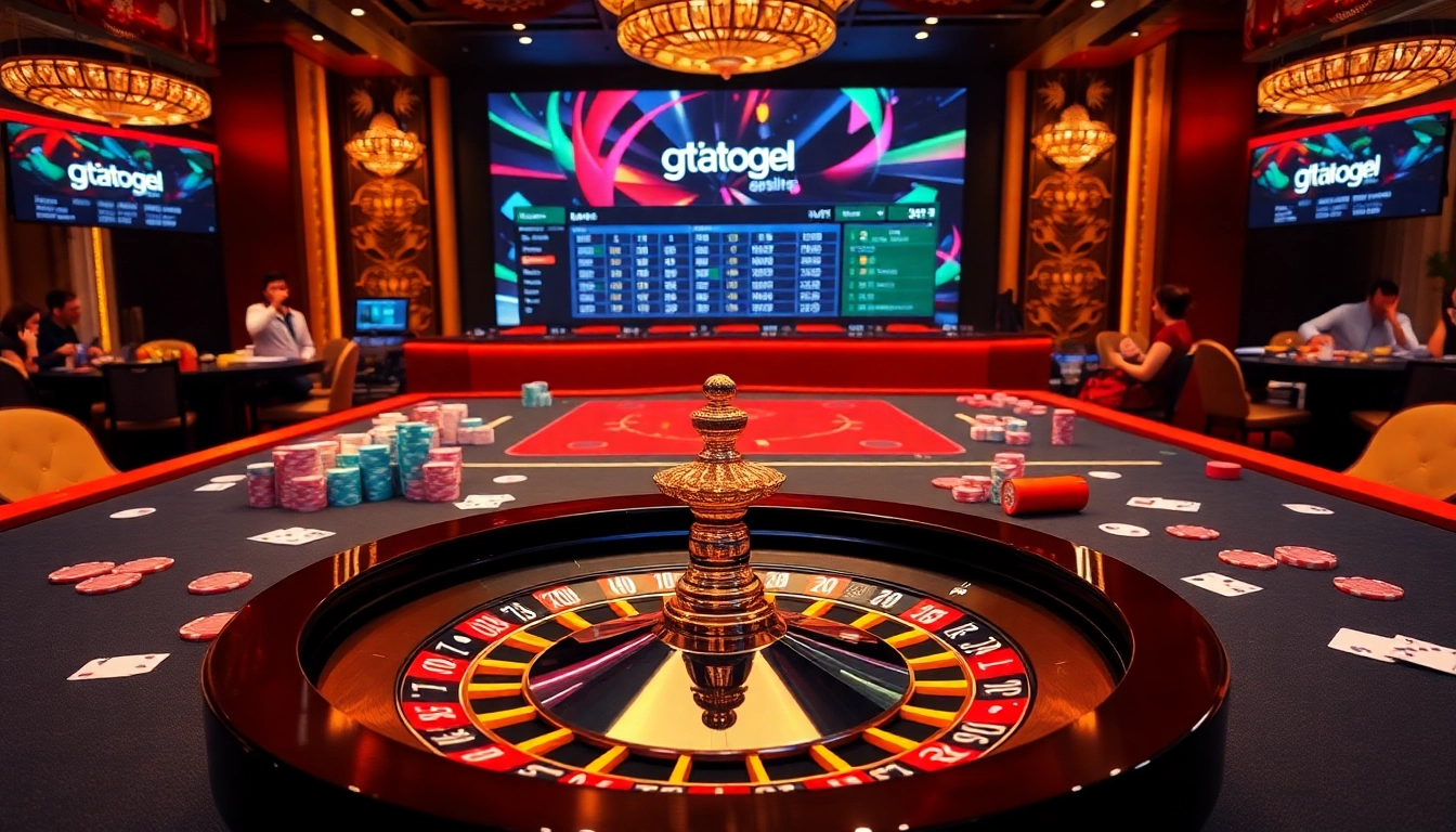 Engage with gtatogel in an upscale casino setting featuring vibrant poker chips and a roulette wheel.