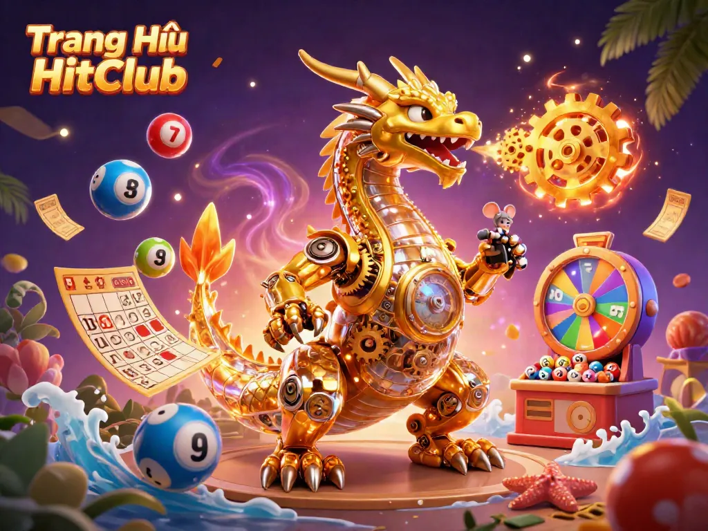 Engage in thrilling gaming action at Trang Chủ HitClub with vibrant lottery elements and a dynamic dragon scene.