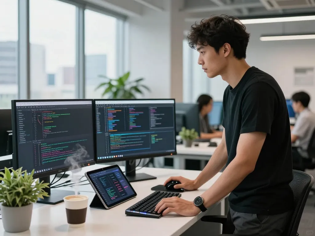 Developer coding in innovative workspace featuring ia +18 technology and design