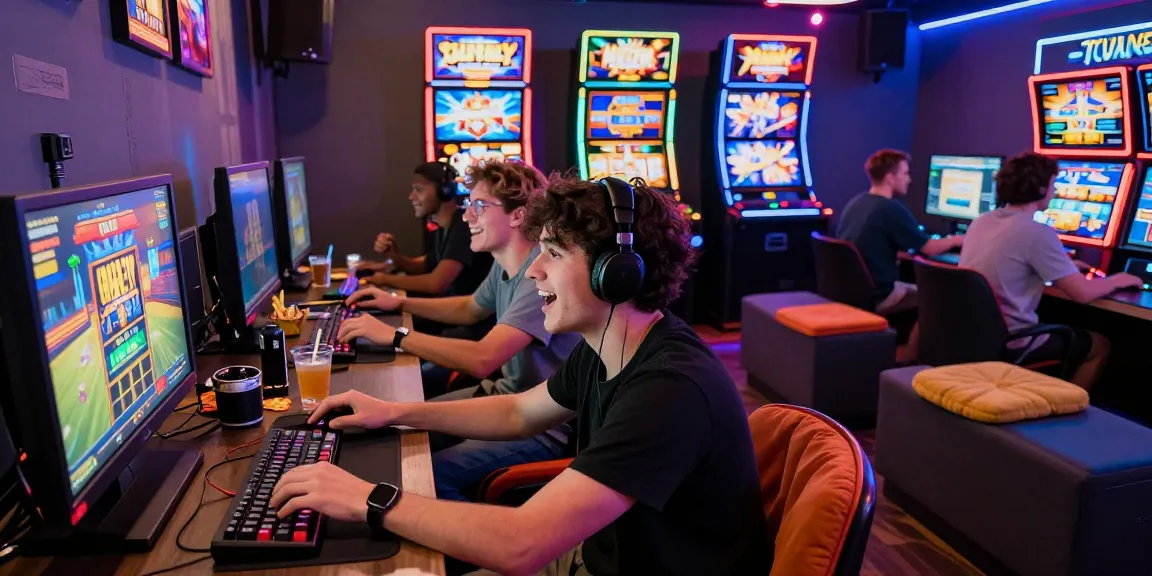 rokok88 login: Group enjoying slot games in a vibrant gaming lounge.
