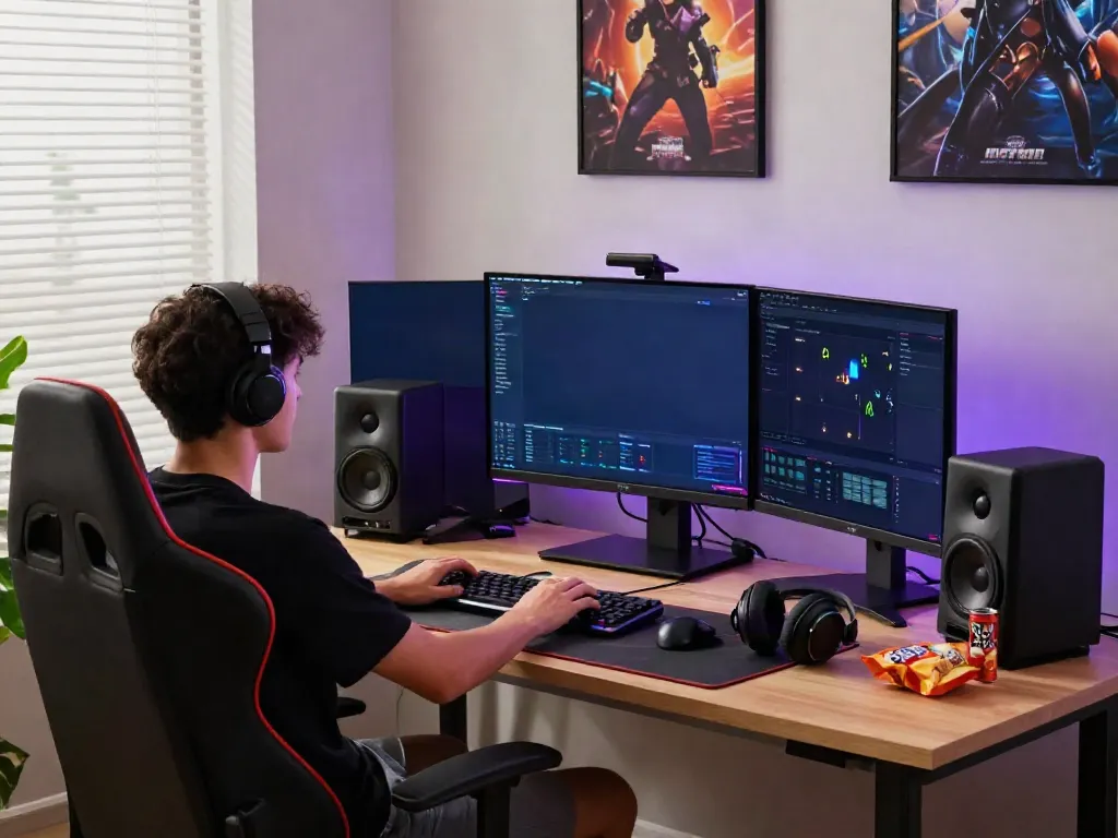 G15Tools workspace featuring a gamer at a high-performance setup with triple monitors and RGB lighting.
