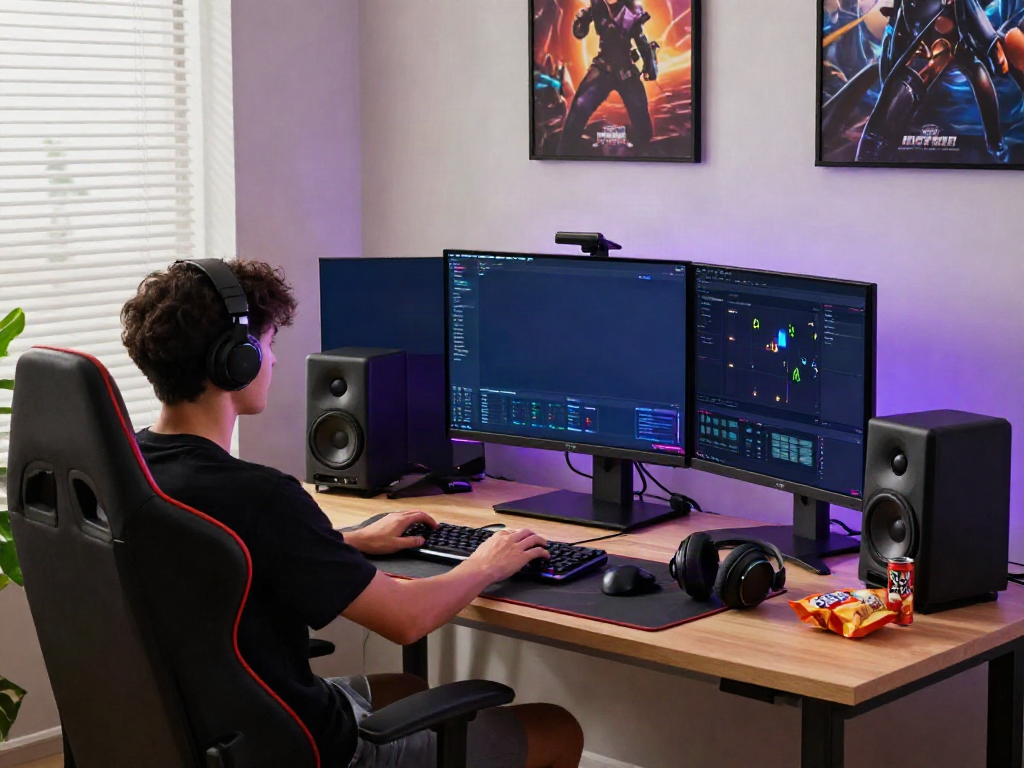 G15Tools workspace featuring a gamer at a high-performance setup with triple monitors and RGB lighting.