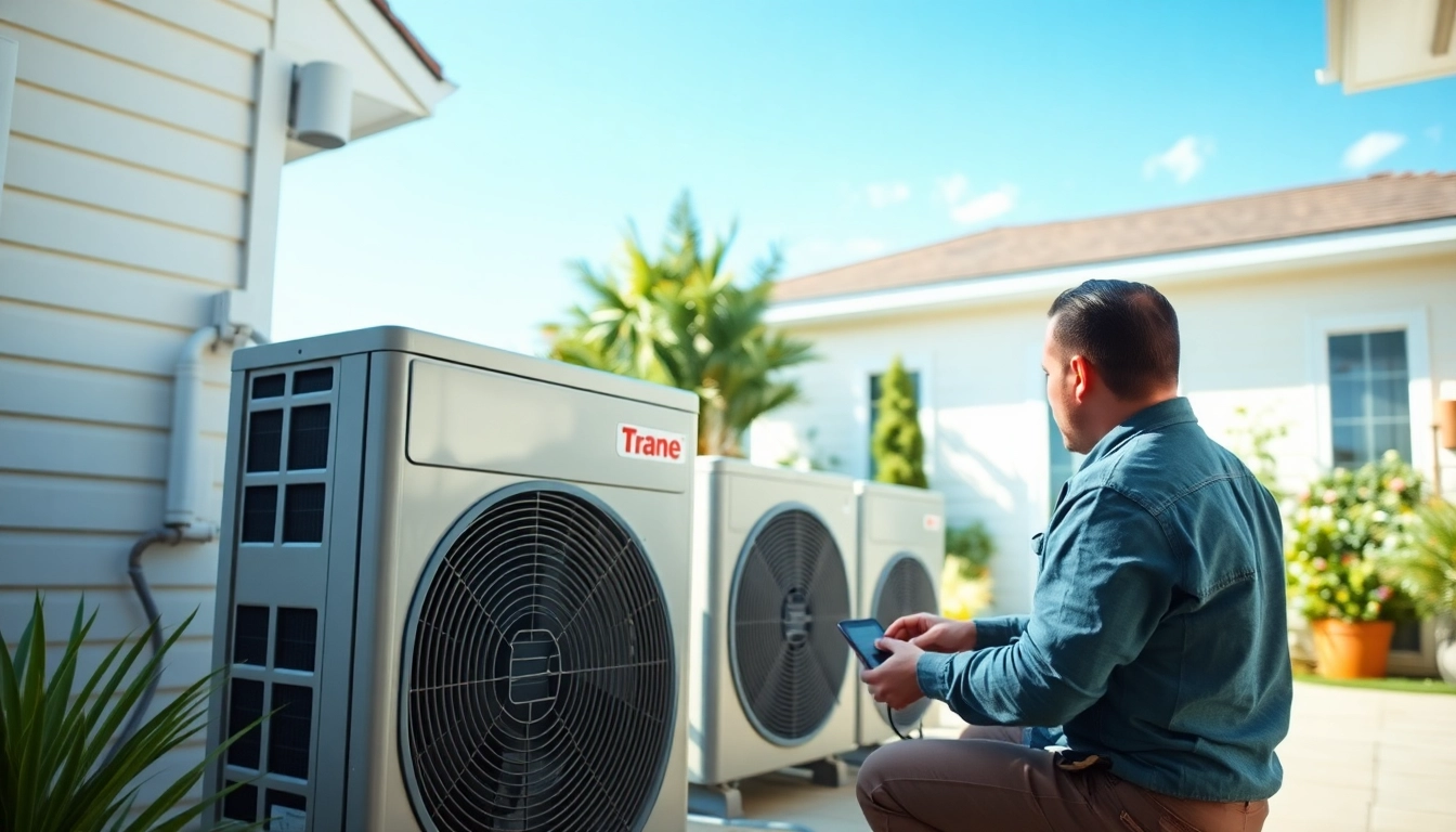 Technician installing professional Trane heat pumps in a modern garden setting.